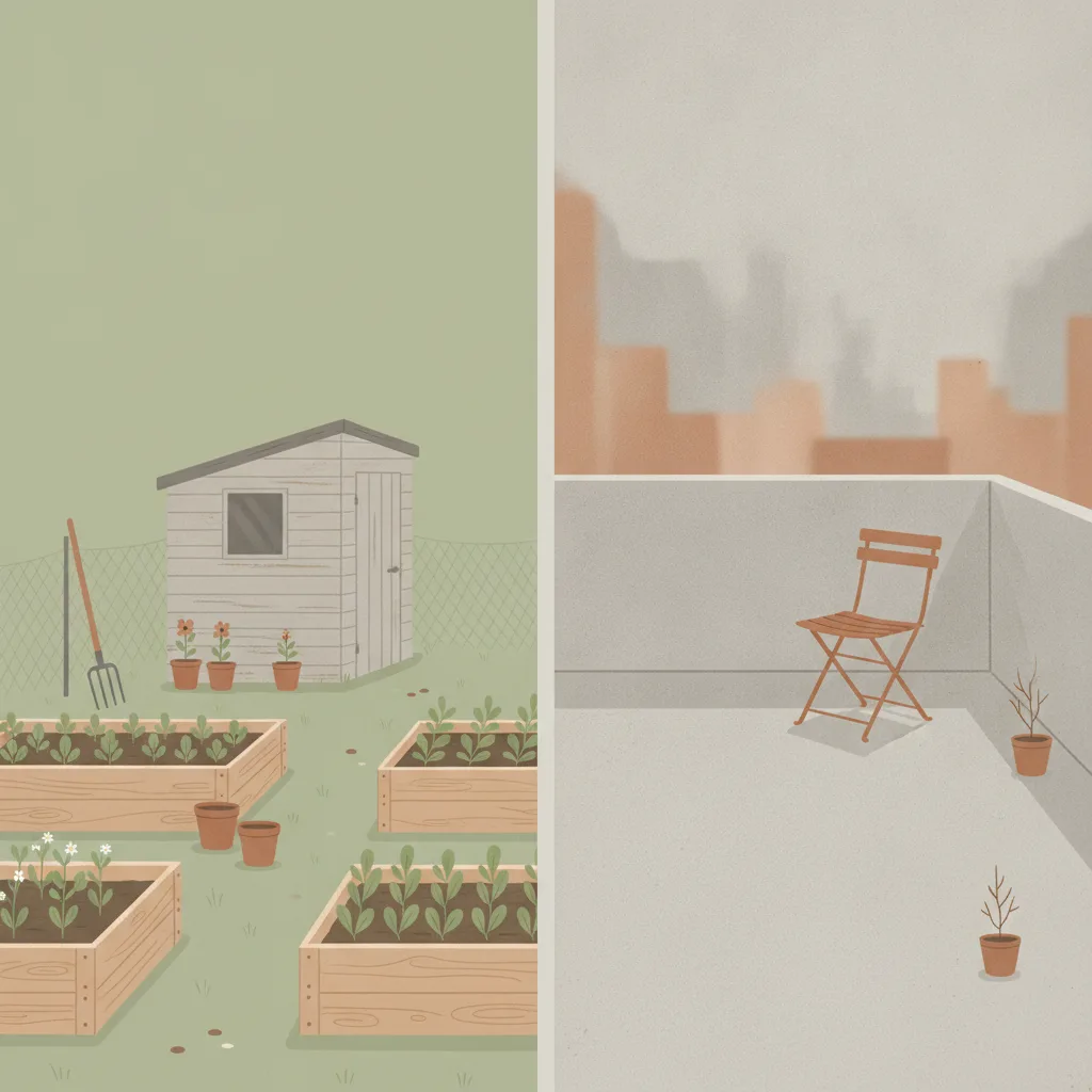 A tidy allotment garden plot with raised beds and a small shed on the left, and an empty urban balcony on the right.