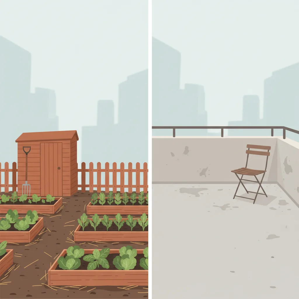 A tidy allotment garden plot with raised beds and a small shed on the left, and an empty urban balcony on the right.
