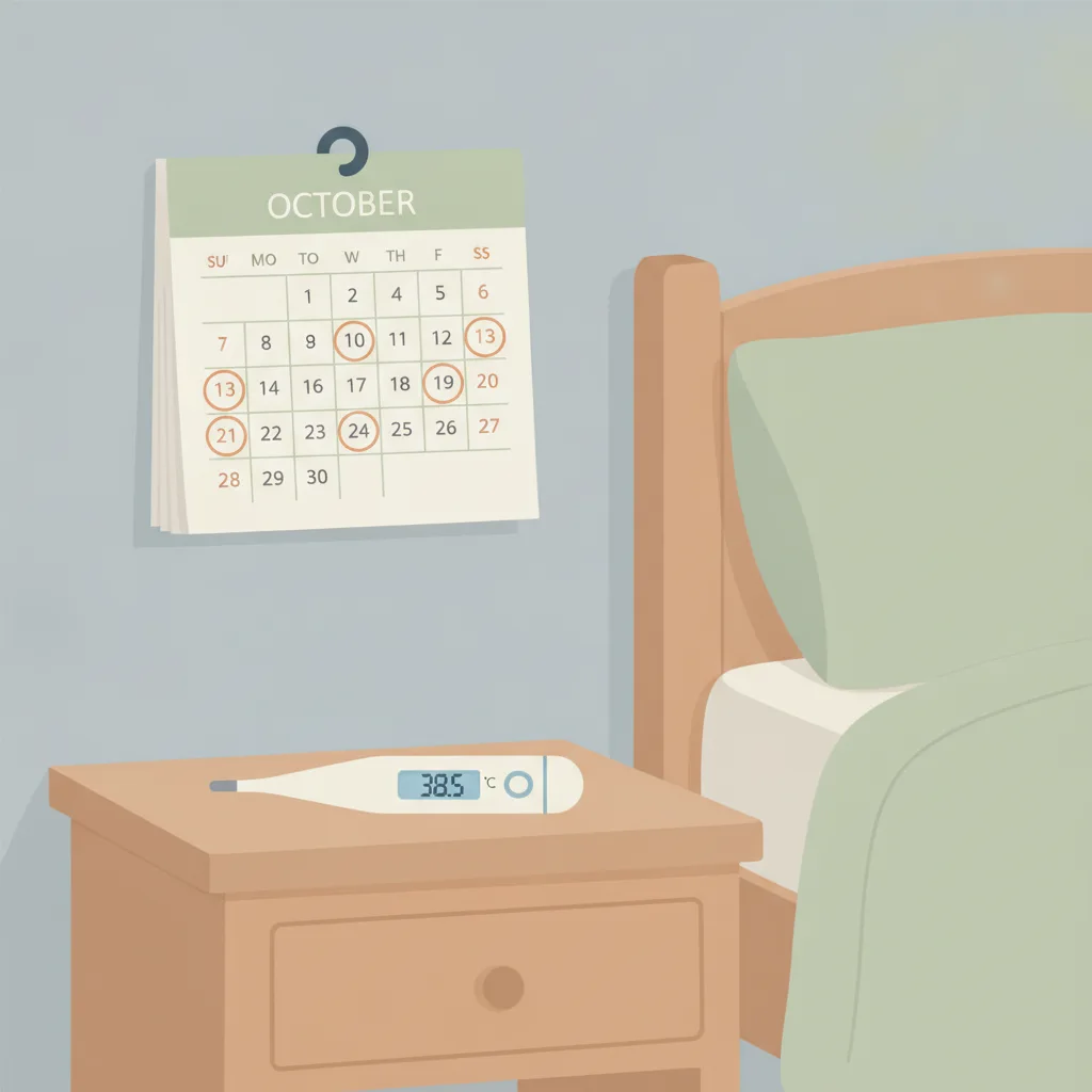 A child's bedside table with a thermometer and a calendar marked with recurring sick days