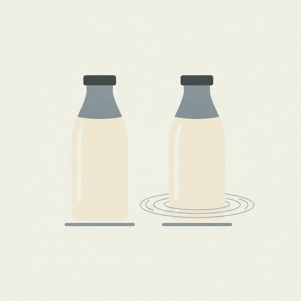 Two abstract milk bottles side by side, one with a faint warning ripple, muted cream and slate, flat vector.