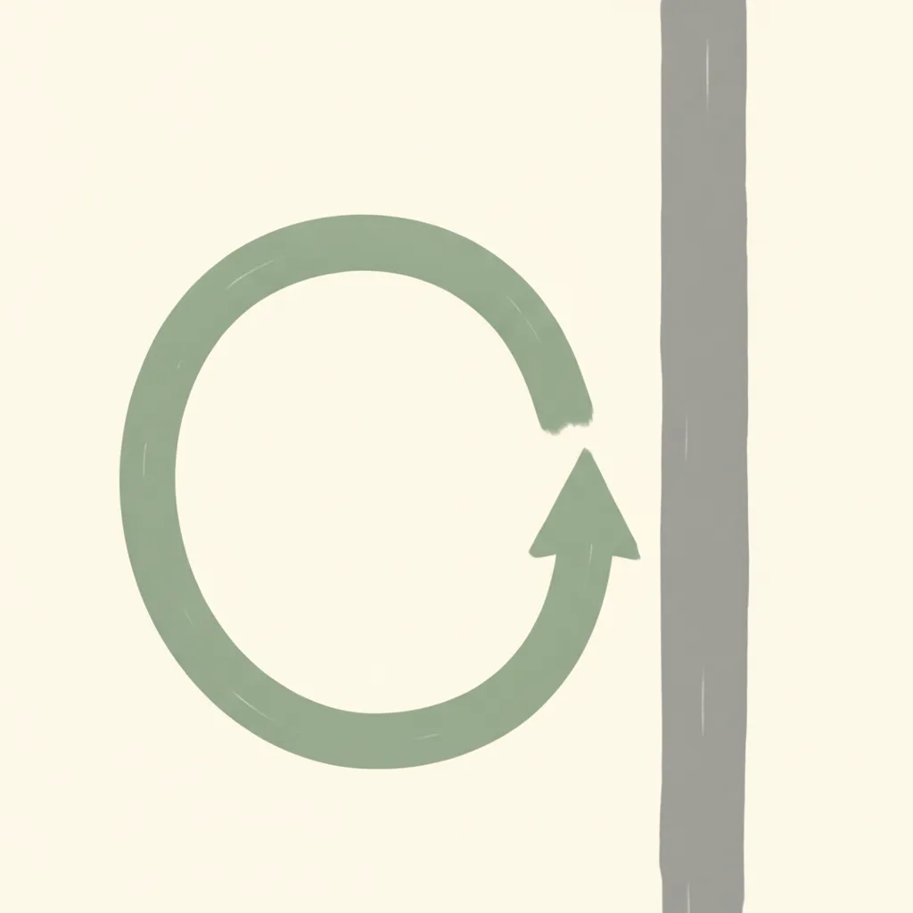 Two diverging paths, one looping back, one continuing forward, muted sage and grey, flat vector.