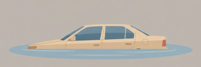 Side view of a car with a calm horizontal waterline across its lower doors, flat vector illustration in muted blue-grey tones.