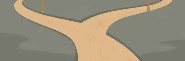 A winding road with a fork, signposts pointing in different directions, muted earth tones, flat vector illustration.
