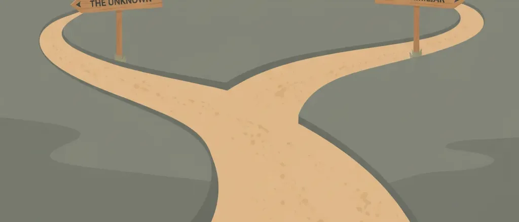 A winding road with a fork, signposts pointing in different directions, muted earth tones, flat vector illustration.