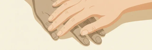 A flat vector illustration of two hands, one older and one younger, resting close together on a neutral background.