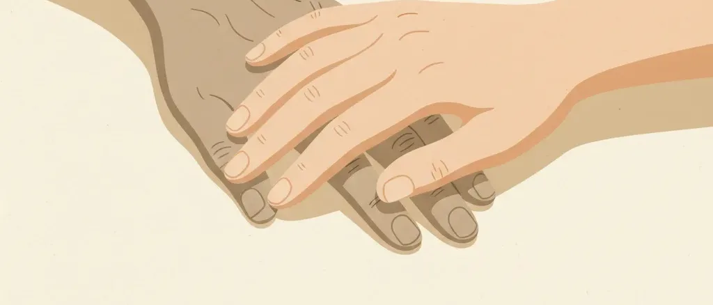 A flat vector illustration of two hands, one older and one younger, resting close together on a neutral background.