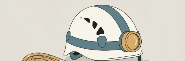 A single caving helmet with attached lamp resting on a pale neutral surface alongside a coiled length of static rope, flat vector illustration in muted earth tones.