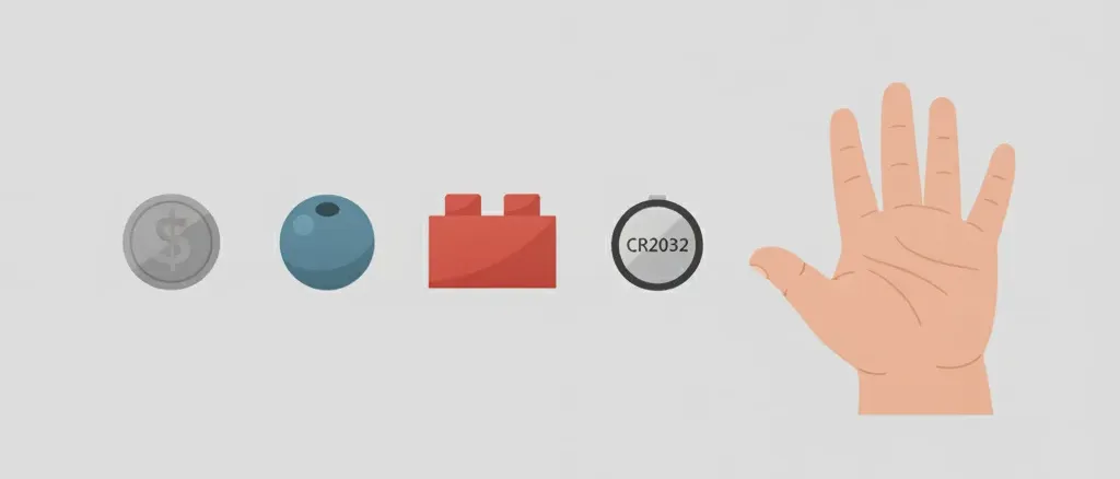 Small household objects a toddler might swallow — a coin, a bead, a small toy brick, a button battery — laid on a plain surface beside a child's open hand.