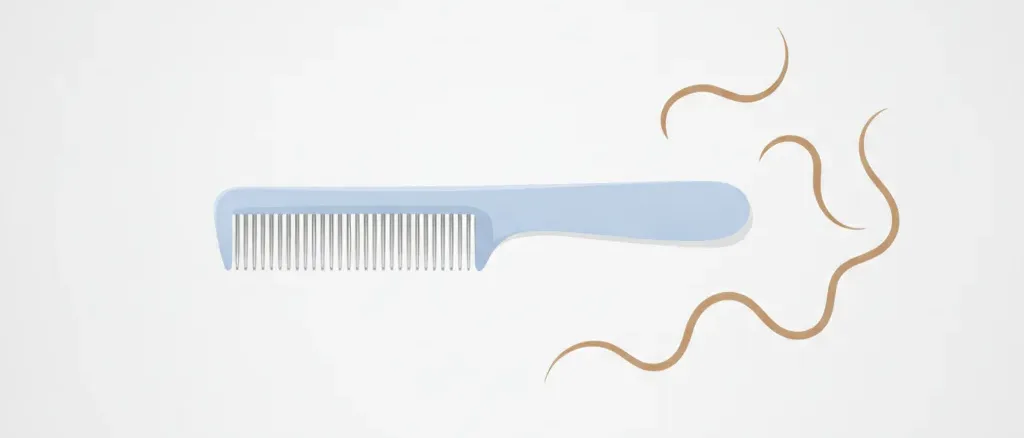 A fine-toothed nit comb resting beside a few strands of hair on a plain light surface, calm and clinical, no people.