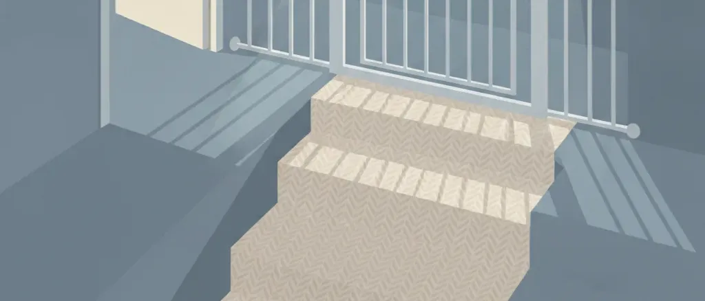 A quiet upstairs landing at night with a closed safety gate at the top of the stairs and moonlight through a window, flat vector illustration in muted blue tones.