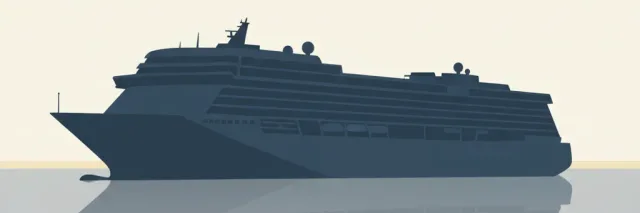 A tilted ship silhouette on a calm ocean, flat vector illustration with muted colours.