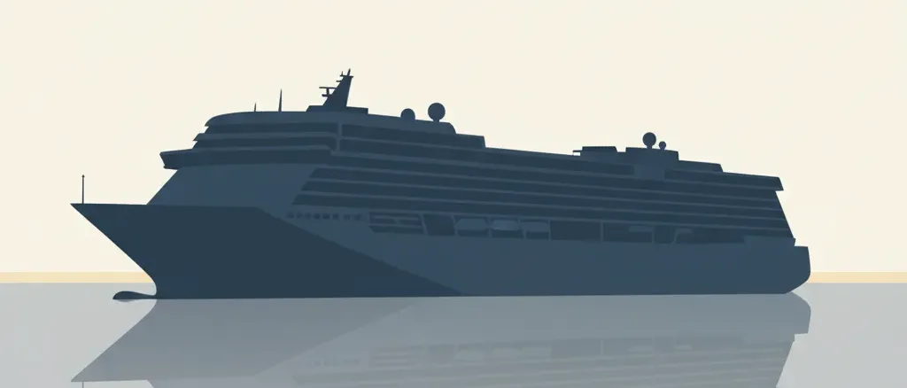 A tilted ship silhouette on a calm ocean, flat vector illustration with muted colours.