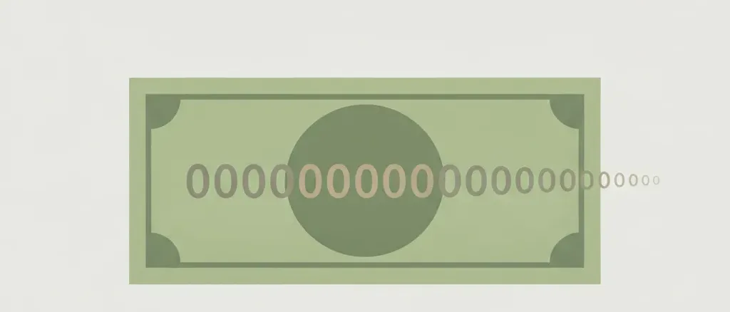 A banknote rendered as a simple rectangle whose value digits trail off into ever-smaller zeros, flat vector illustration in muted tones.
