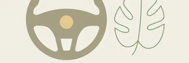A muted flat vector illustration of a single car steering wheel with a small leaf shape outline beside it, on a pale background.