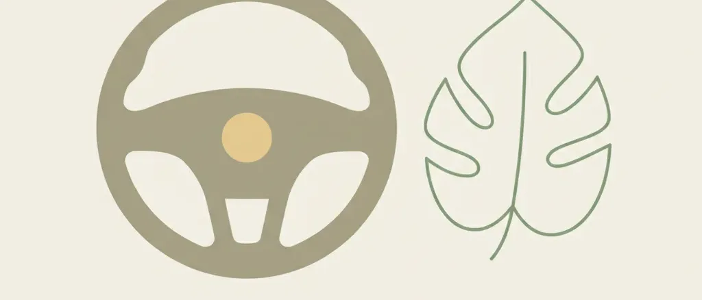 A muted flat vector illustration of a single car steering wheel with a small leaf shape outline beside it, on a pale background.