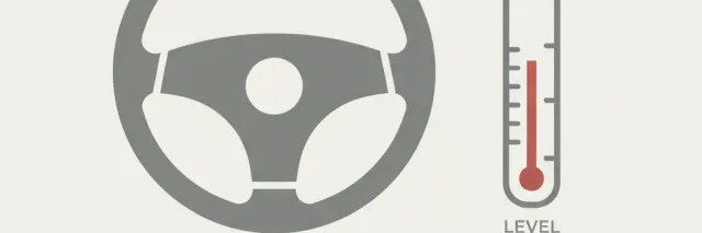 A muted flat vector illustration of a car's steering wheel with a small red bar marker slightly above a center reference line, on a pale background.