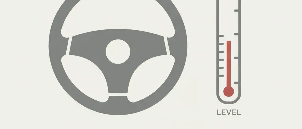 A muted flat vector illustration of a car's steering wheel with a small red bar marker slightly above a center reference line, on a pale background.