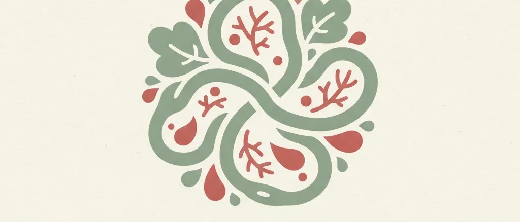 An abstract editorial symbol evoking "Serious E. coli from fresh produce", muted two-tone palette, flat vector.