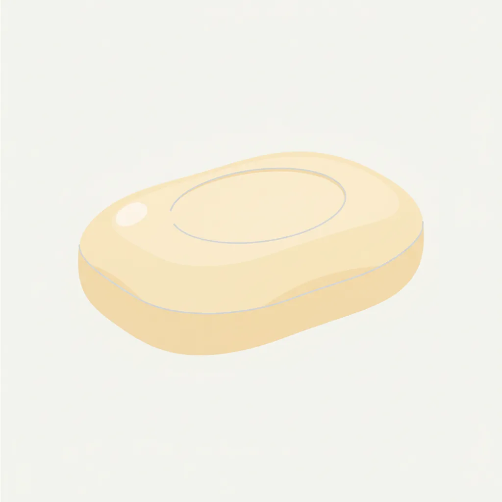 A single bar of soap resting on a pale surface, viewed from above, flat vector illustration in muted tones.