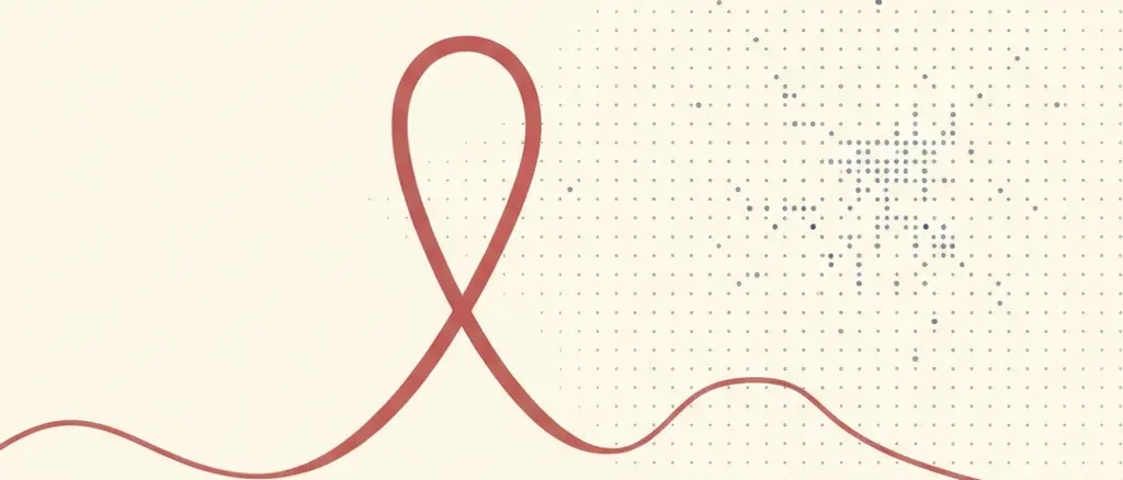 An abstract awareness ribbon loop rendered as a single continuous line beside a faint grid, flat vector illustration in muted tones.