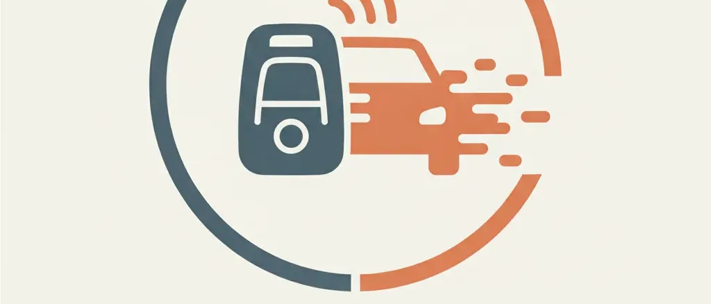 An abstract editorial symbol evoking "Keyless relay car theft", muted two-tone palette, flat vector.