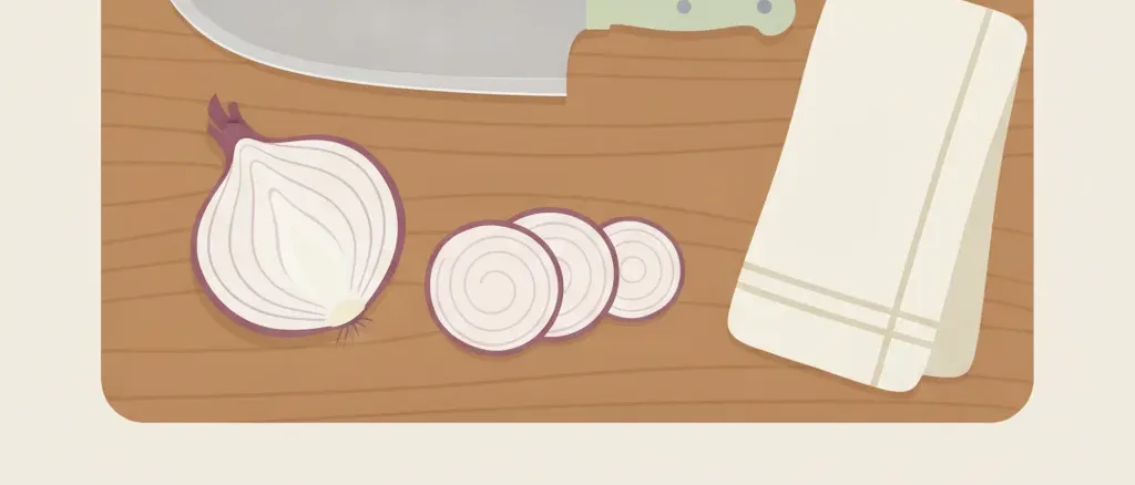 A chef's knife beside a halved onion on a wooden cutting board, flat vector illustration in muted tones.