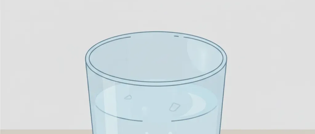 A single water glass on a plain surface with faint translucent particles suspended inside, flat vector illustration.