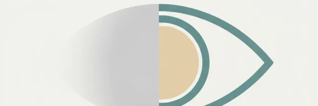 A single abstract eye shape with one half dimmed to grey, rendered in muted teal and pale sand tones, flat vector illustration.