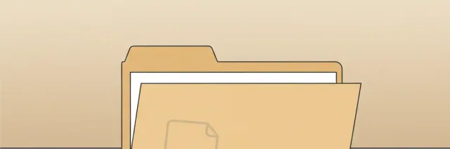 A single empty folder on a bare desk, muted grey and tan tones, flat vector illustration.
