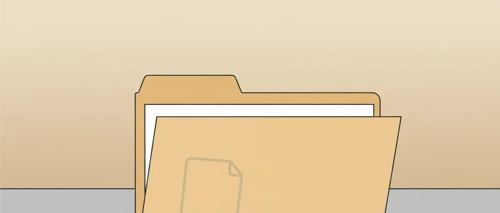 A single empty folder on a bare desk, muted grey and tan tones, flat vector illustration.