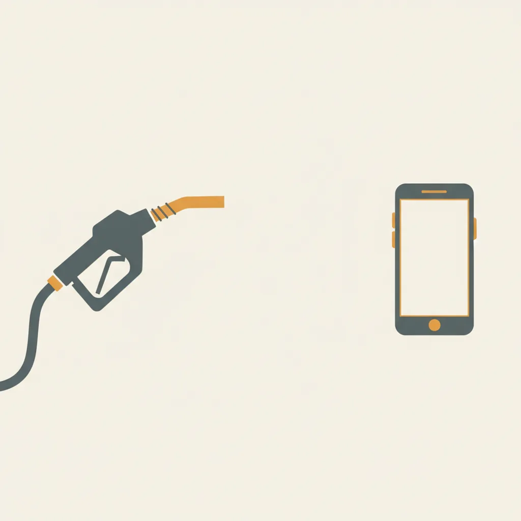 A gas pump nozzle and a phone silhouette separated by empty space, rendered in muted amber and slate tones, flat vector illustration.