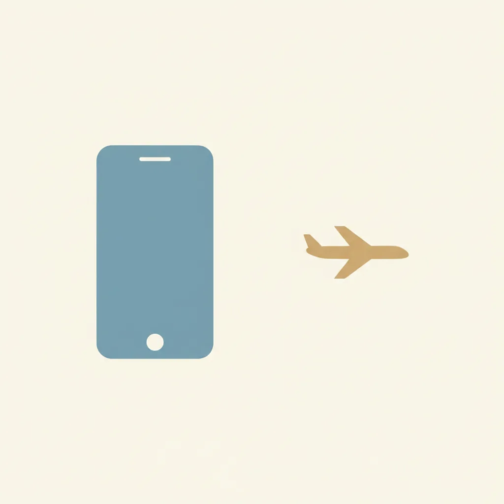 A phone silhouette and an airplane silhouette side by side with empty space between them, rendered in muted blue and grey tones, flat vector illustration.