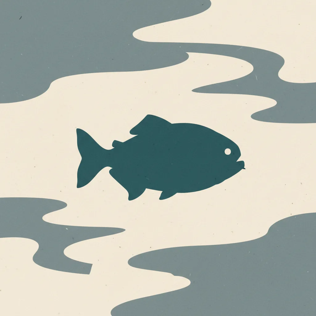 A stylized piranha silhouette in murky river water, flat vector illustration in muted blue-green tones.