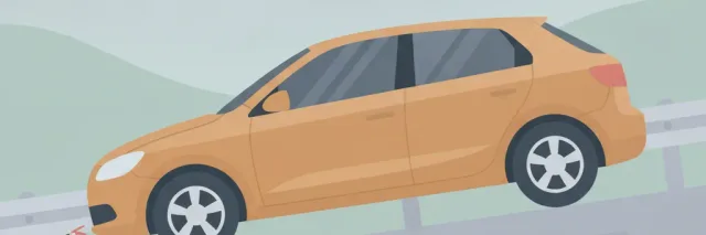 A single car at rest against a roadside guardrail with a small fire-extinguisher symbol nearby, flat vector illustration in muted tones.