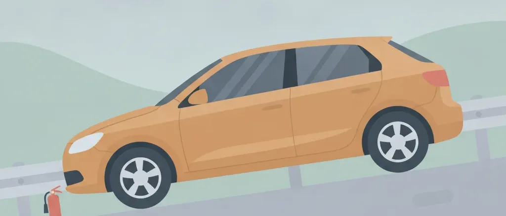 A single car at rest against a roadside guardrail with a small fire-extinguisher symbol nearby, flat vector illustration in muted tones.