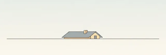 A small glowing fragment descending toward a house roofline, flat vector illustration in muted tones.