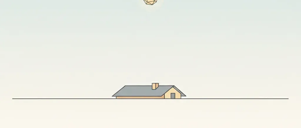 A small glowing fragment descending toward a house roofline, flat vector illustration in muted tones.