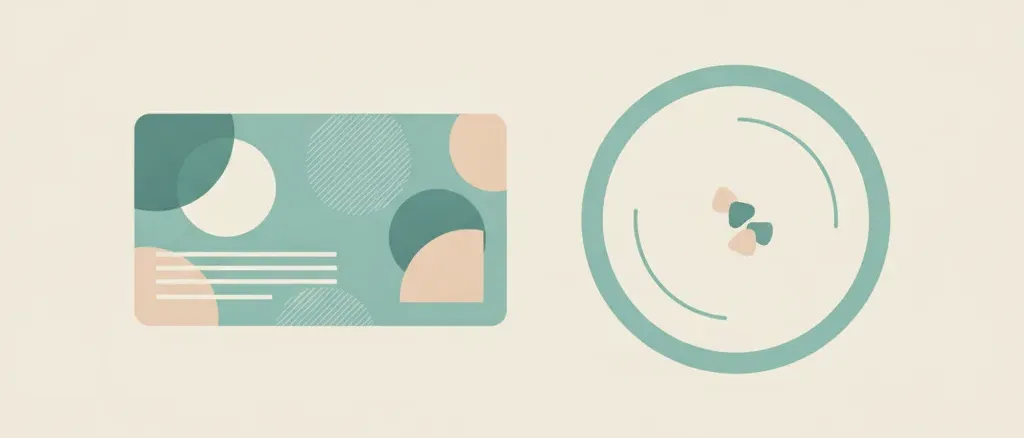 An abstract benefits card beside a nearly empty plate, muted teal and pale clay, flat vector.