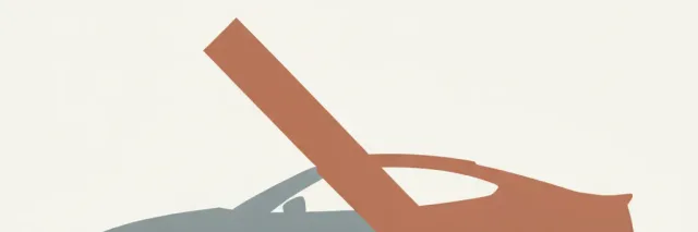 An abstract car silhouette behind a descending bar, muted slate and dull rust, flat vector.