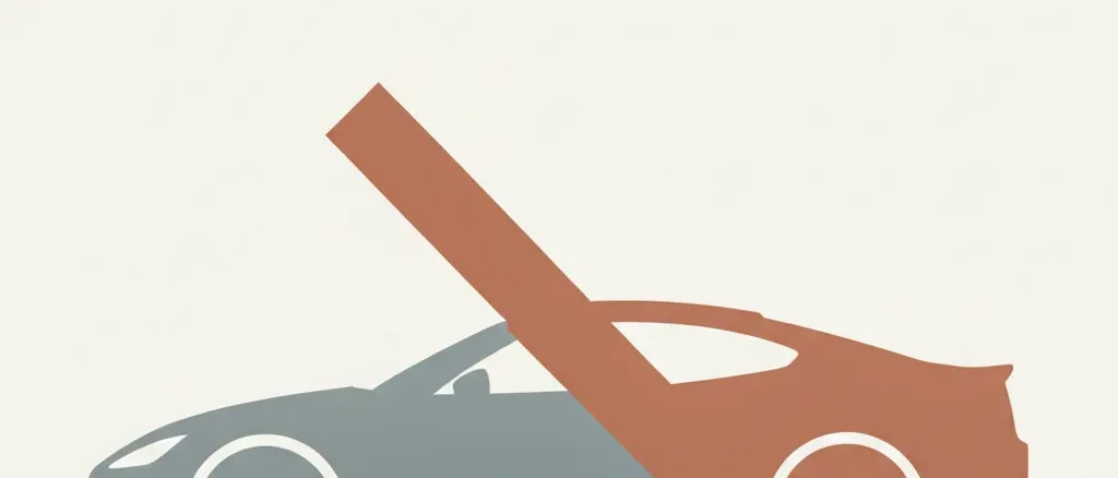 An abstract car silhouette behind a descending bar, muted slate and dull rust, flat vector.