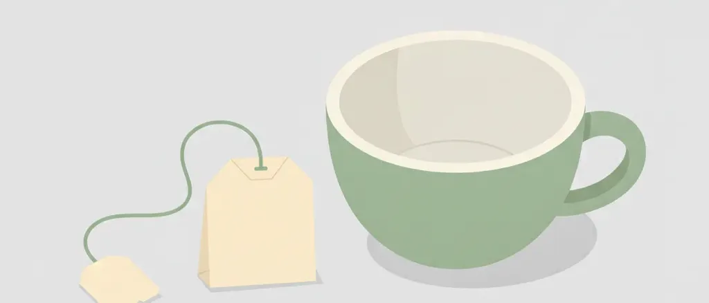 A single plain tea bag with its string and paper tag resting beside an empty mug on a neutral surface, flat vector illustration in muted tones.