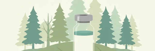 A flat vector illustration of a small tick on a leaf beside a single vaccine vial, against a muted forest-toned background.