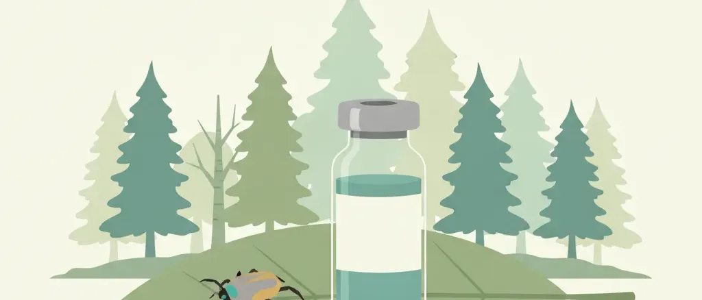 A flat vector illustration of a small tick on a leaf beside a single vaccine vial, against a muted forest-toned background.