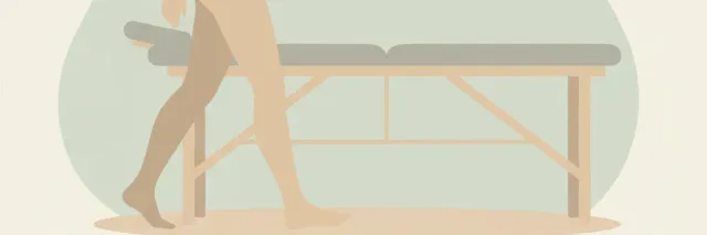 A person's silhouette walking upright past an empty treatment table, flat vector illustration in muted warm tones.