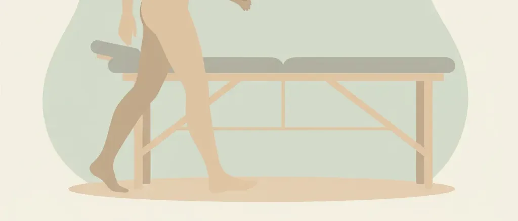 A person's silhouette walking upright past an empty treatment table, flat vector illustration in muted warm tones.