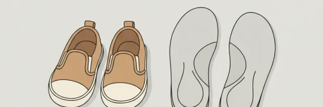 A small pair of children's shoes sitting unused next to a pair of orthotic insoles, flat vector illustration in muted earth tones.