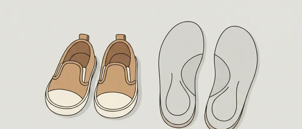A small pair of children's shoes sitting unused next to a pair of orthotic insoles, flat vector illustration in muted earth tones.