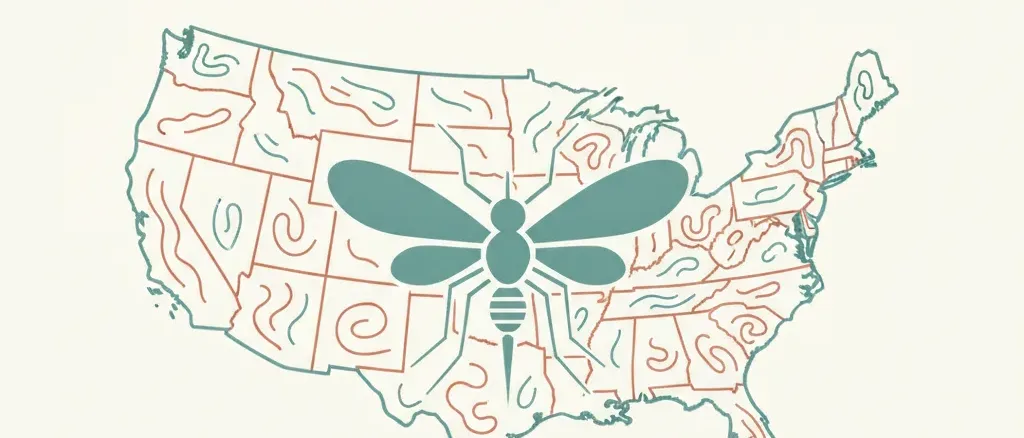 An abstract editorial symbol evoking "Locally-acquired dengue (continental US)", muted two-tone palette, flat vector.