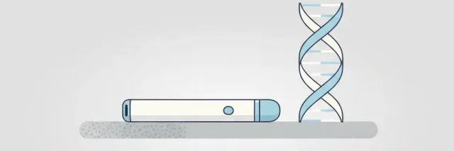 A vape device beside a small DNA-helix motif on a neutral surface, flat vector illustration in muted tones.
