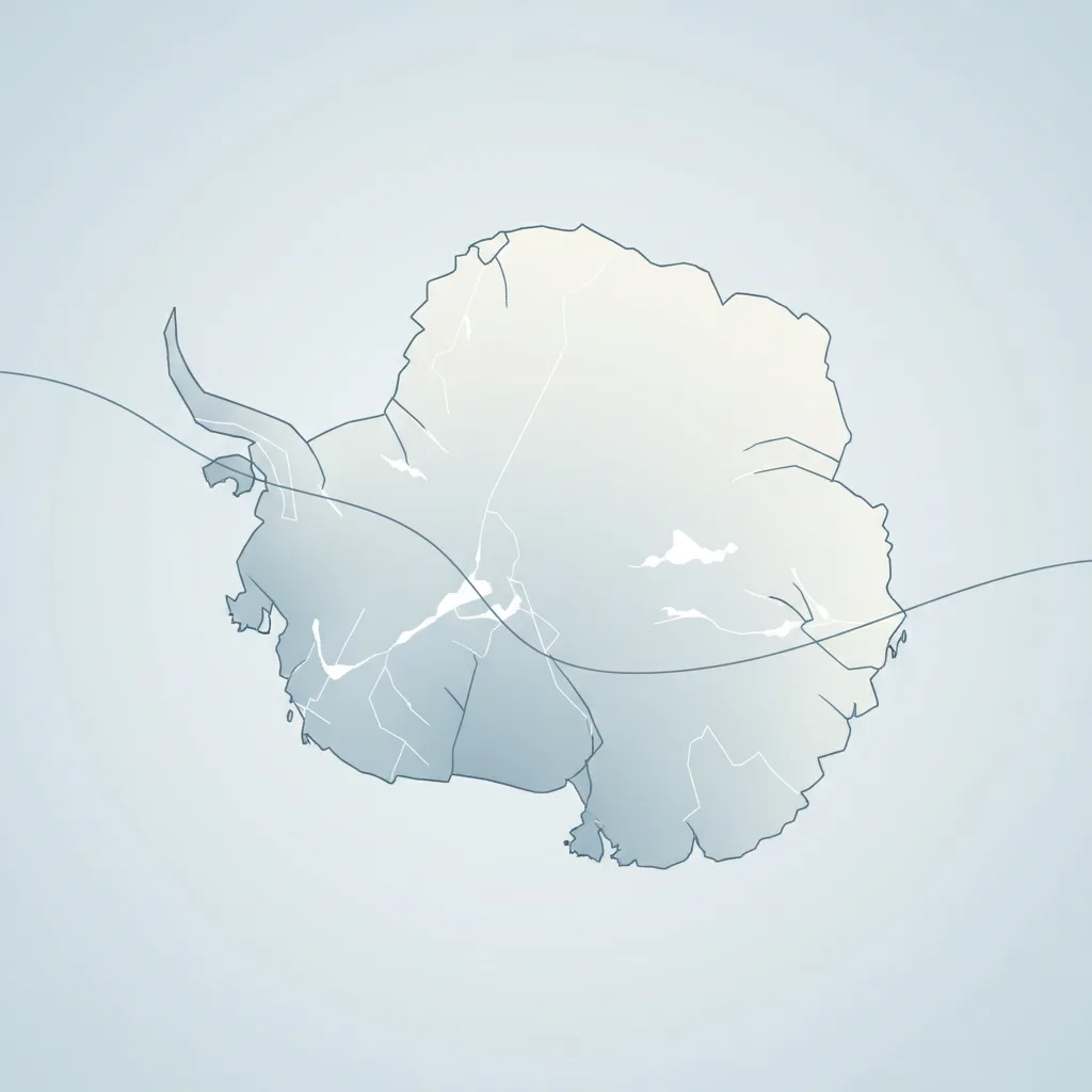 A flat stylized representation of Antarctica as an ice-covered landmass from above, flat vector in pale blue and white tones.